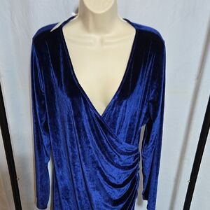 HALCYEEN Blue Velvet Dress Ruched Bodycon Midi Faux Wrap Size XXL Glam Party
